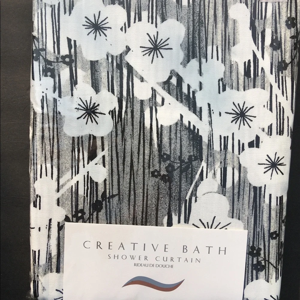 Floral Shower Curtain Black White Blossoms 72” x 72” Creative Bath Products New